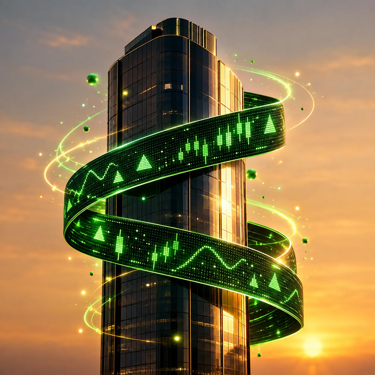 Glowing led stock ticker tape with abstract symbols scrolling across a building